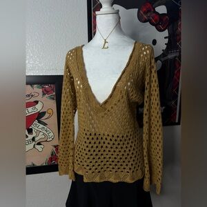 Tan Shimmery V-Neck Crochet Flare Sleeve Top